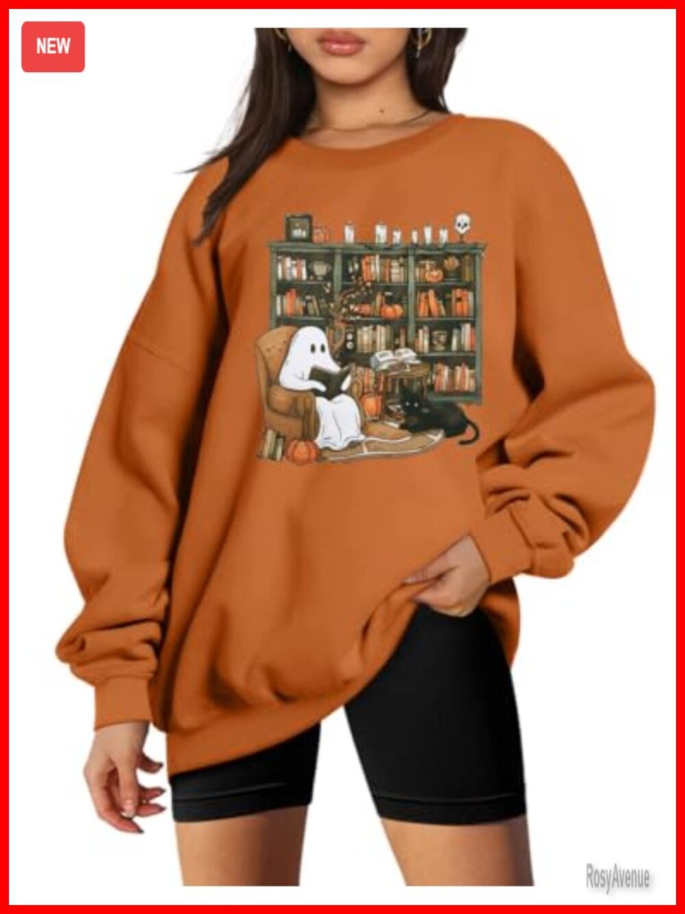 Halloween Graphic Sweatshirt Ghost Reading Books Crew Neck Pullover Women